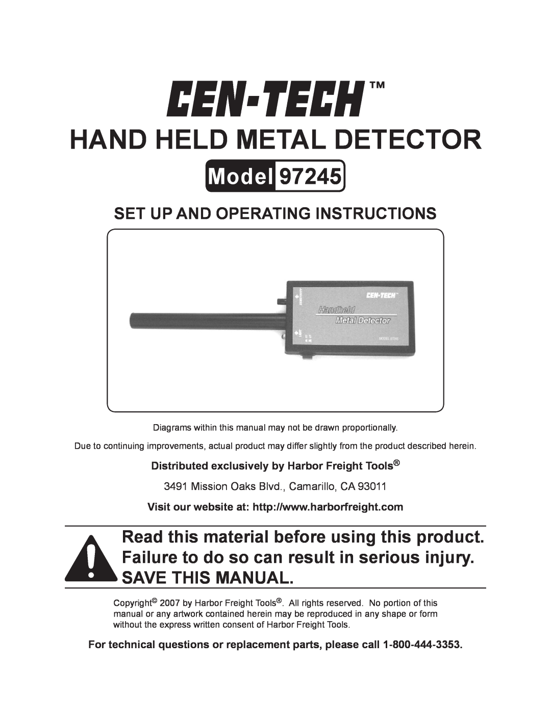 Harbor Freight Tools 97245 manual Distributed exclusively by Harbor Freight Tools, Hand Held Metal Detector, Model 