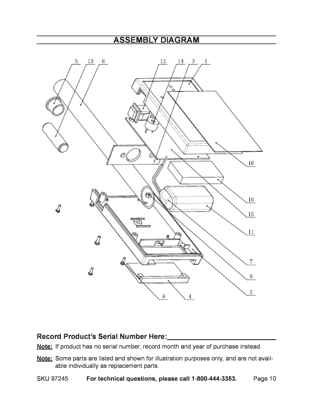 Harbor Freight Tools 97245 Assembly Diagram, Record Product’s Serial Number Here, For technical questions, please call 