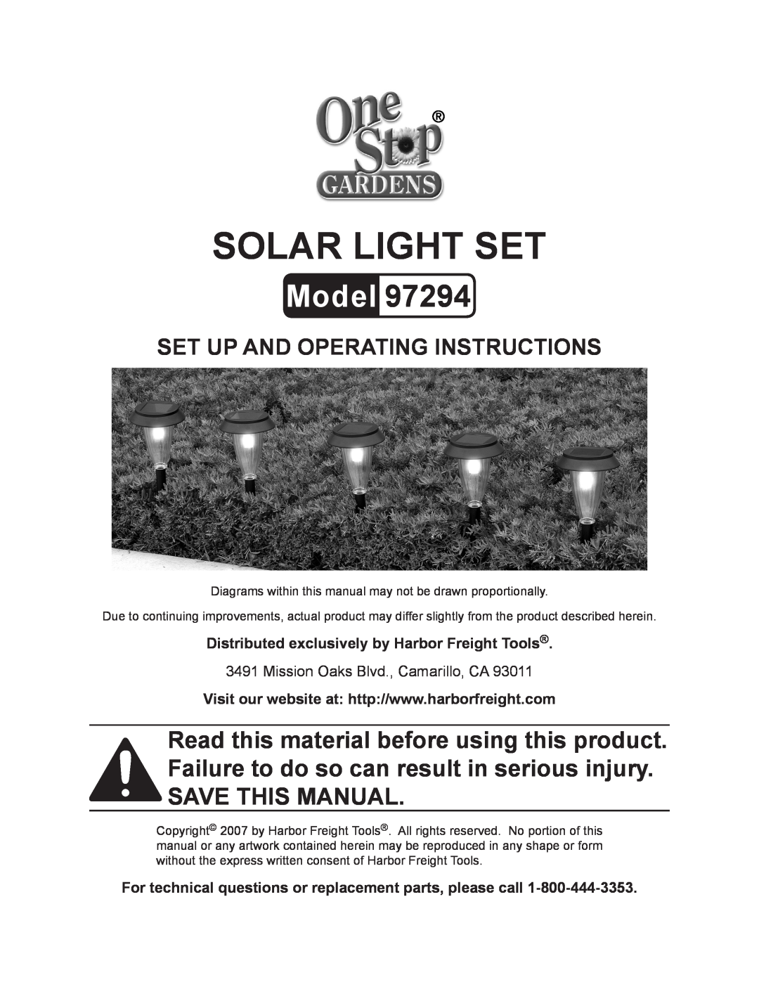 Harbor Freight Tools 97294 manual Solar light set, Model, Set up And Operating Instructions 