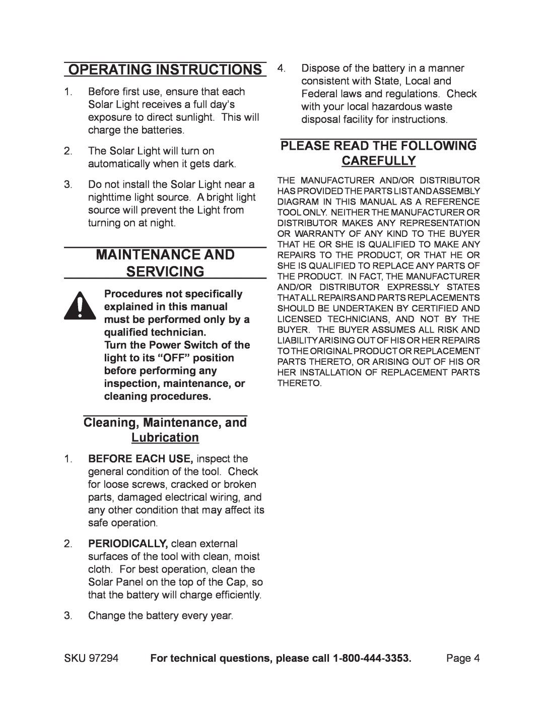 Harbor Freight Tools 97294 manual Operating Instructions, Maintenance And Servicing, Cleaning, Maintenance, and Lubrication 