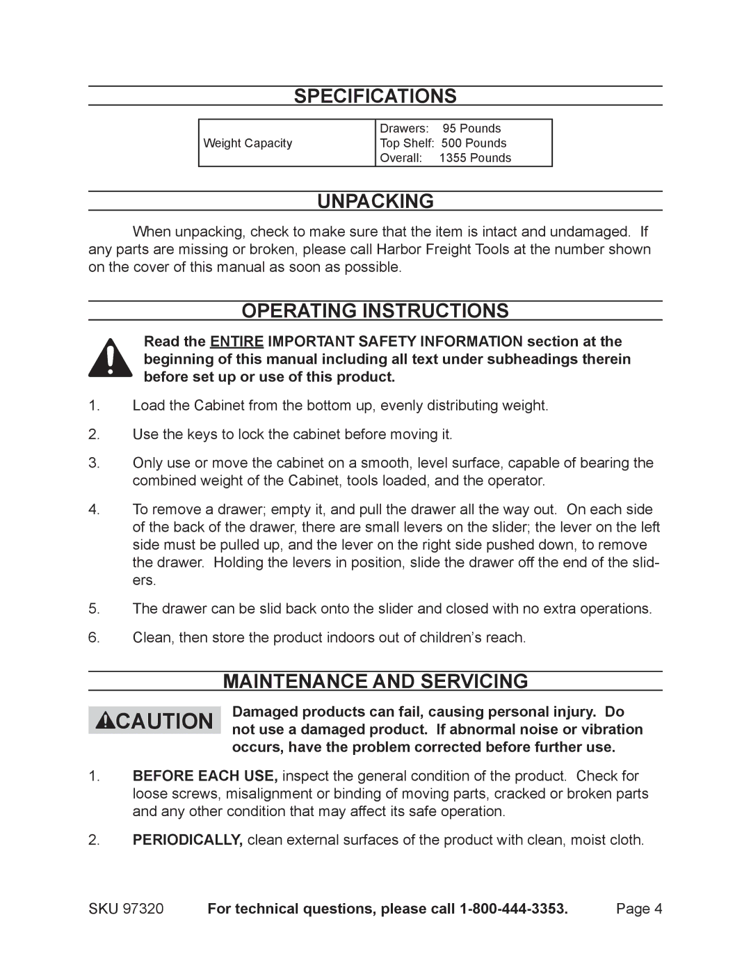 Harbor Freight Tools 97320 manual Specifications, Unpacking, Operating Instructions, Maintenance And Servicing 