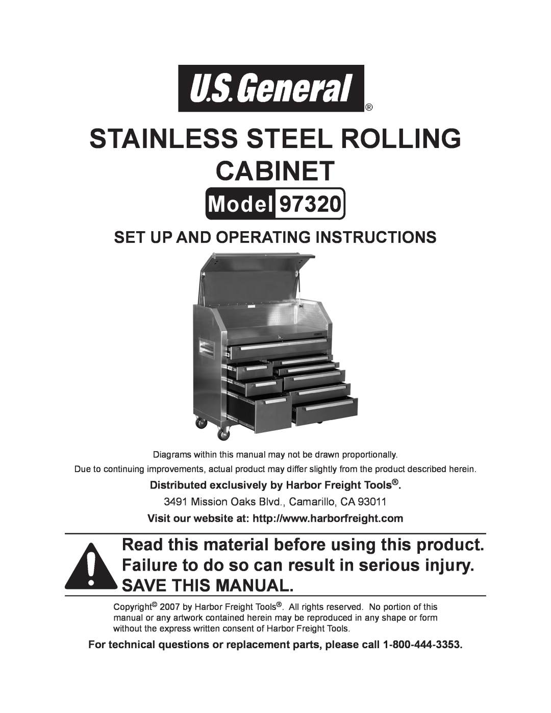 Harbor Freight Tools 97320 manual Stainless steel rolling cabinet, Model, Set up And Operating Instructions 