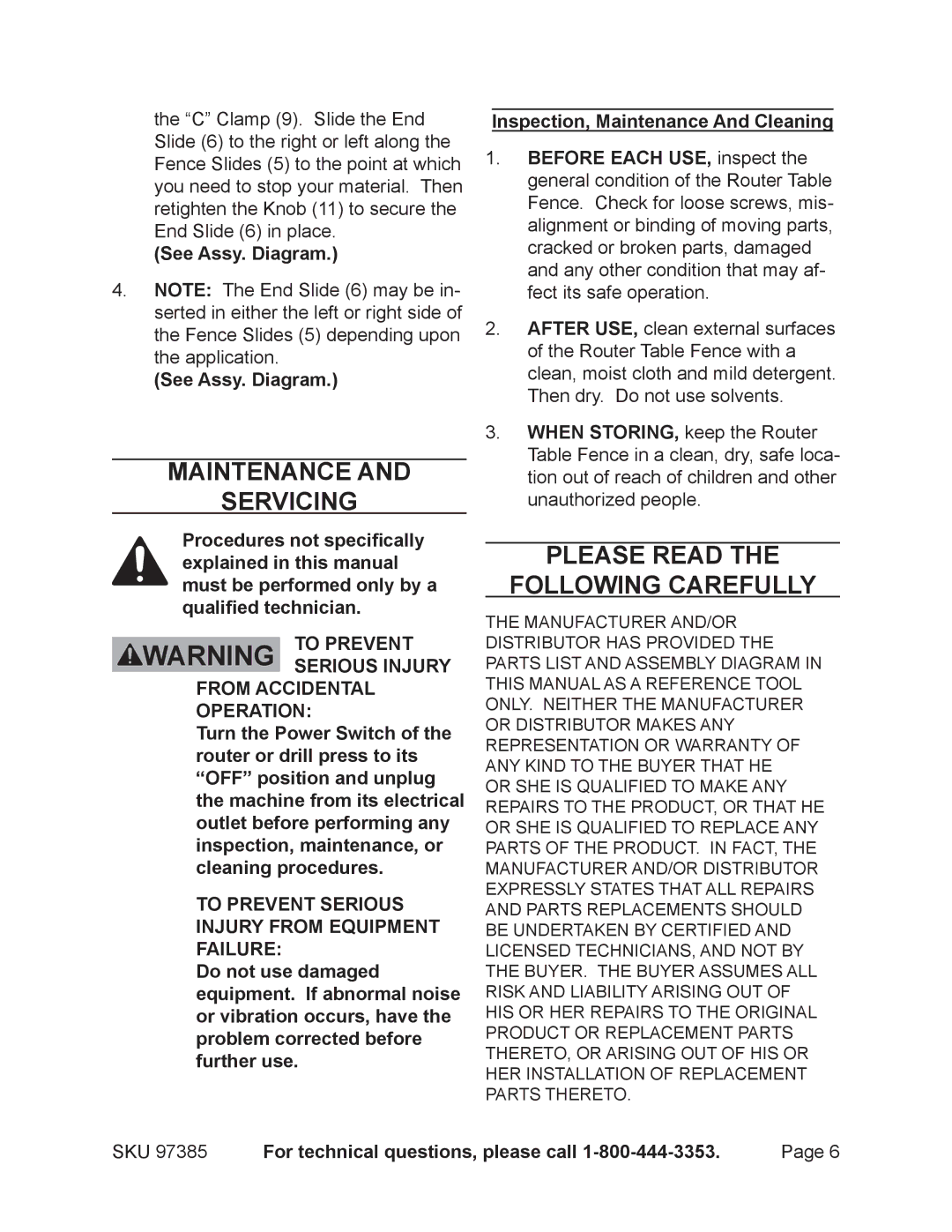 Harbor Freight Tools 97385 operating instructions Maintenance Servicing, Please Read Following Carefully 