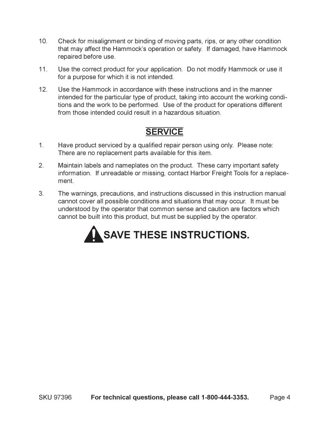 Harbor Freight Tools 97396 operating instructions Service 