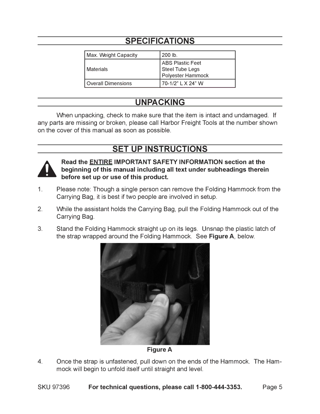 Harbor Freight Tools 97396 Specifications, Unpacking, Set Up Instructions, SKU For technical questions, please call 