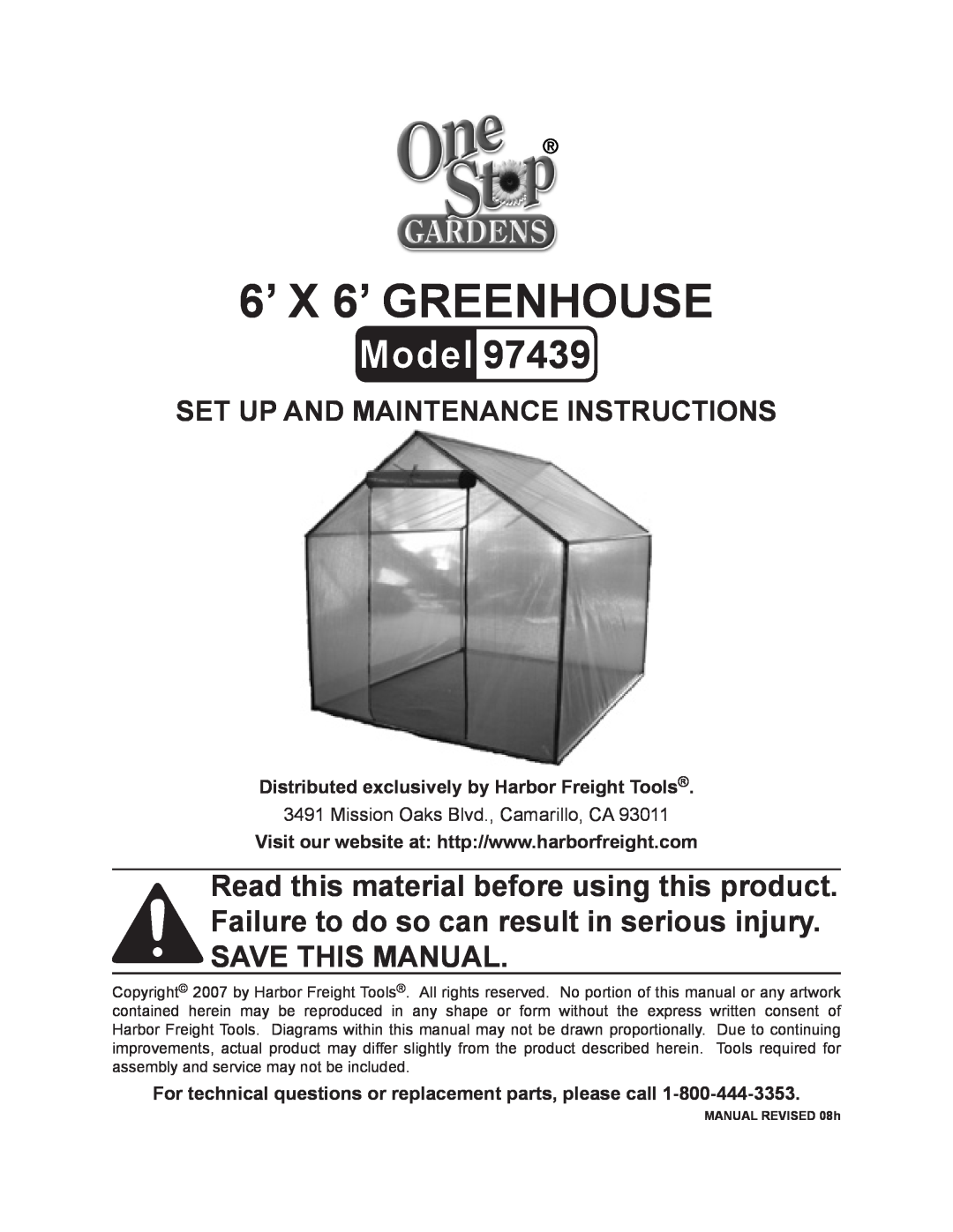 Harbor Freight Tools 97439 manual Distributed exclusively by Harbor Freight Tools, 6’ x 6’ Greenhouse 