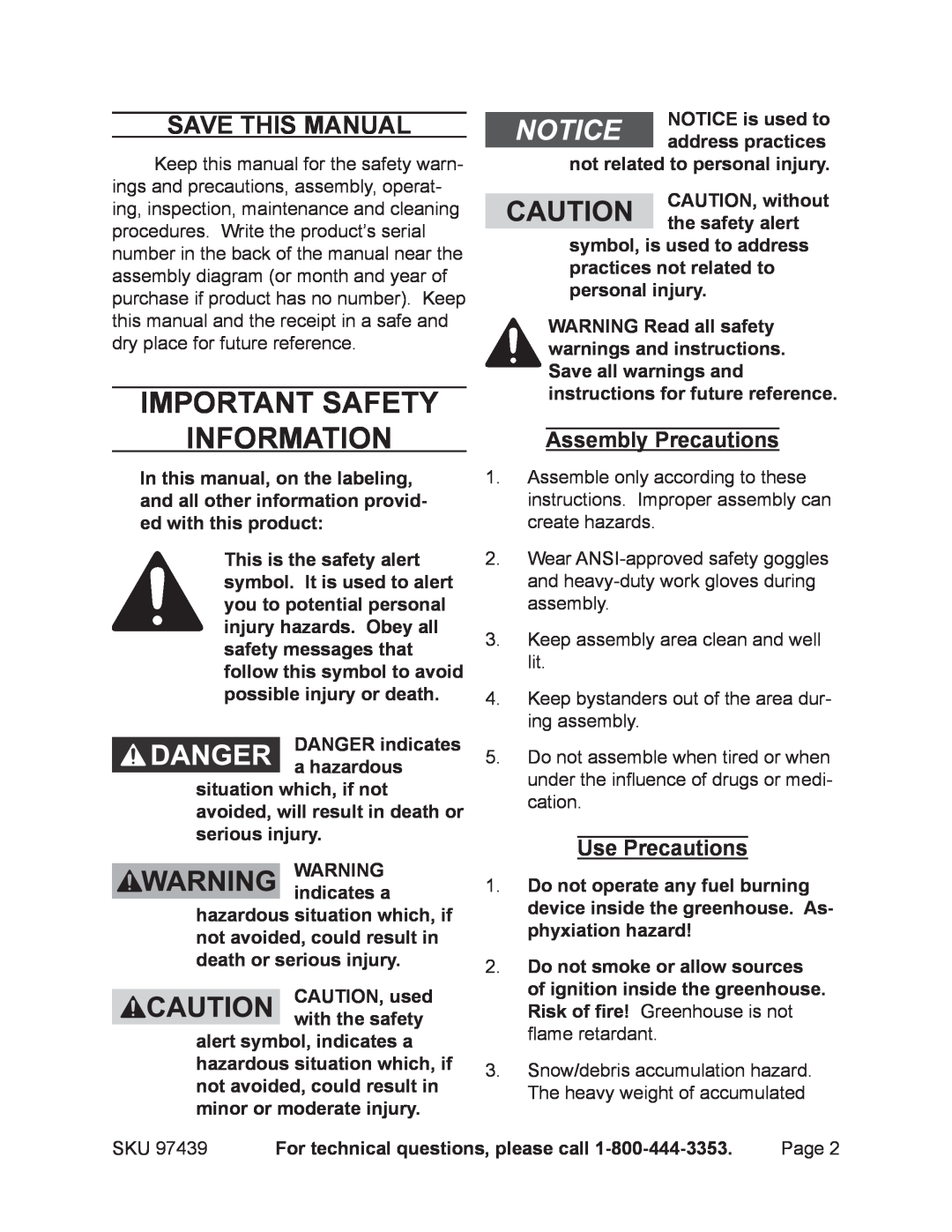 Harbor Freight Tools 97439 manual Important SAFETY Information, Save This Manual, Assembly Precautions, Use Precautions 