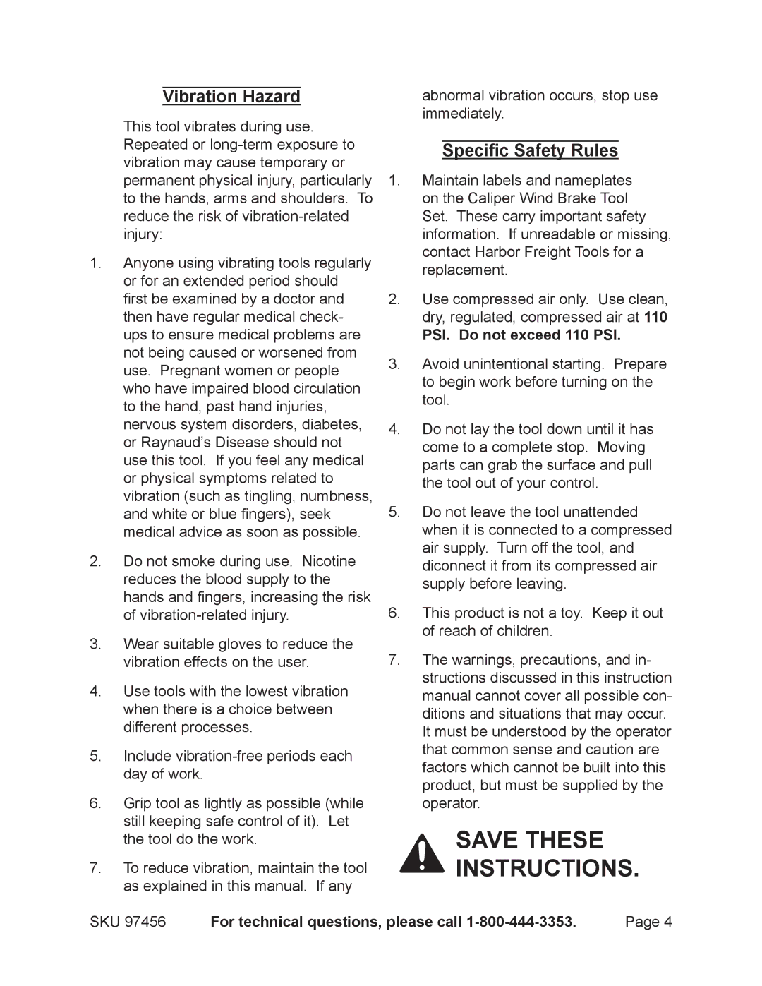 Harbor Freight Tools 97456 operating instructions Vibration Hazard, Specific Safety Rules, PSI. Do not exceed 110 PSI 