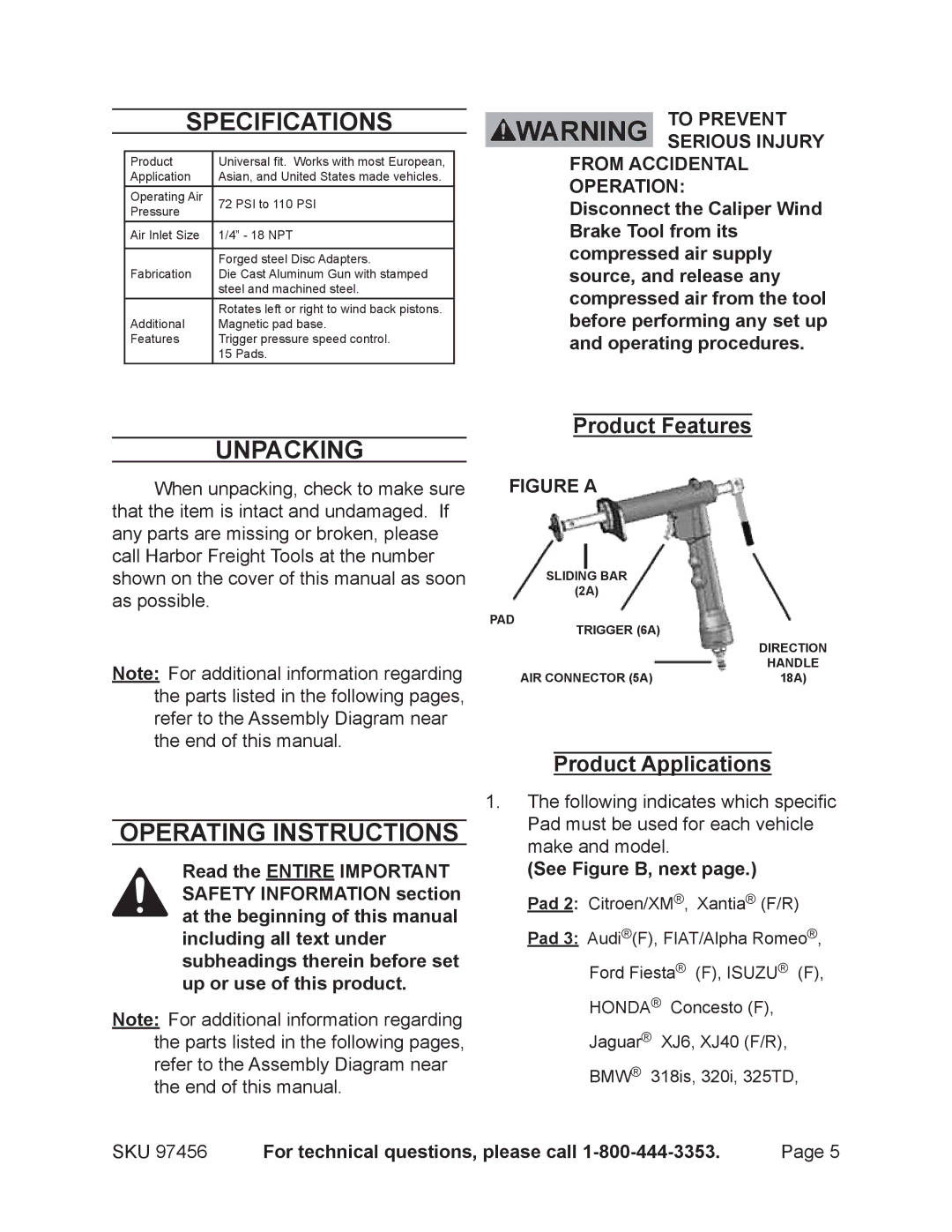 Harbor Freight Tools 97456 Specifications, Unpacking, Operating Instructions, Product Features, Product Applications 