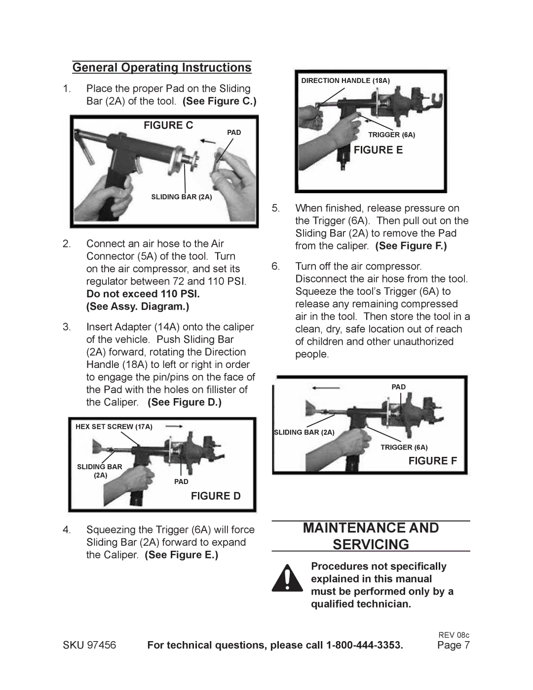 Harbor Freight Tools 97456 Maintenance Servicing, General Operating Instructions, Do not exceed 110 PSI. See Assy. Diagram 