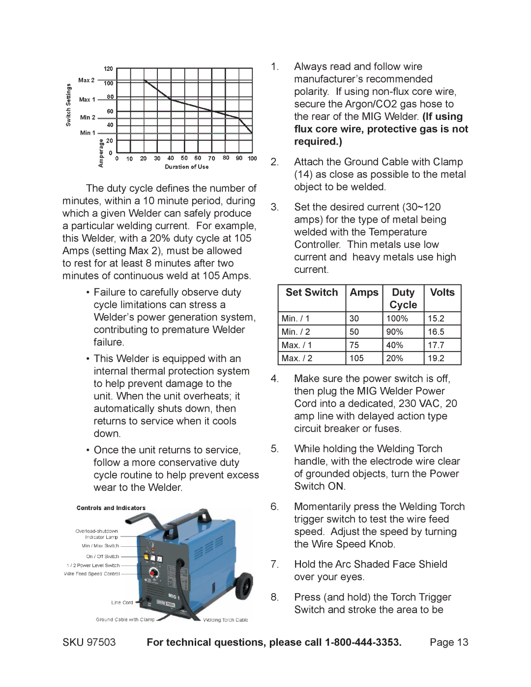 Harbor Freight Tools 97503 Flux core wire, protective gas is not, Required, Set Switch Amps Duty Volts 