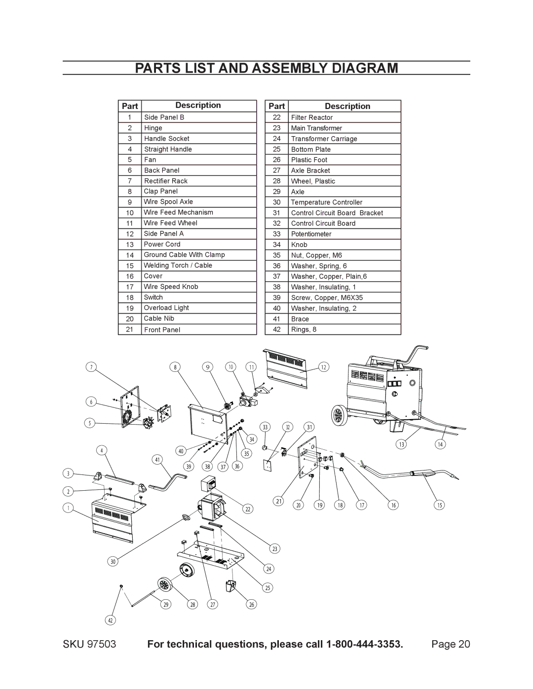 Harbor Freight Tools 97503 operating instructions Parts list and assembly diagram, Parts List 