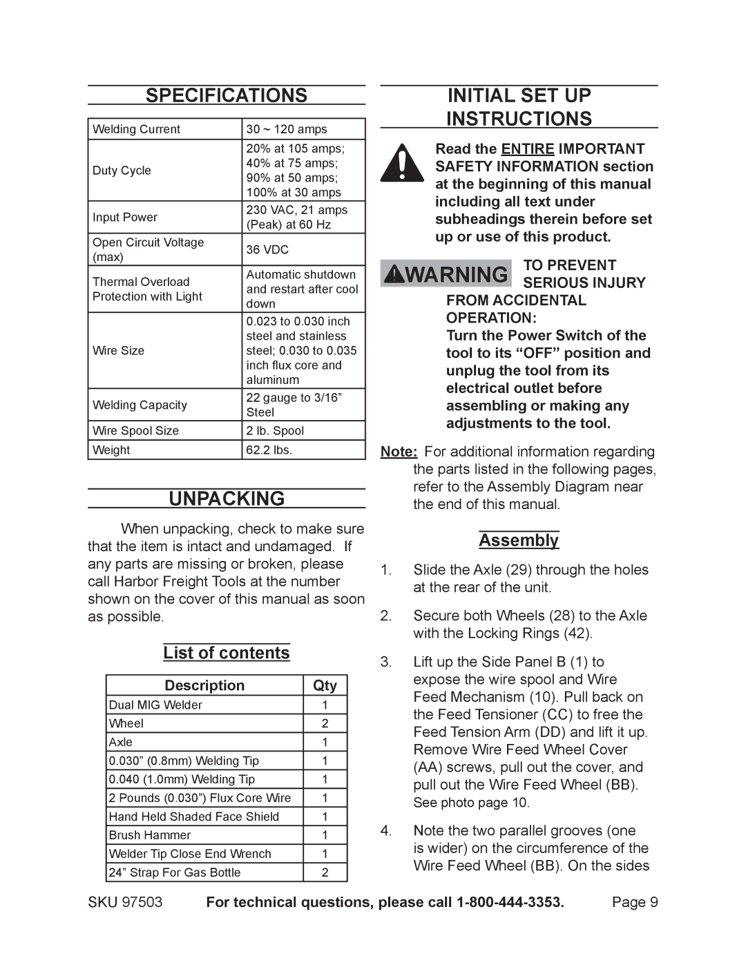 Harbor Freight Tools 97503 Specifications, Unpacking, Initial Set Up Instructions, List of contents, Assembly 