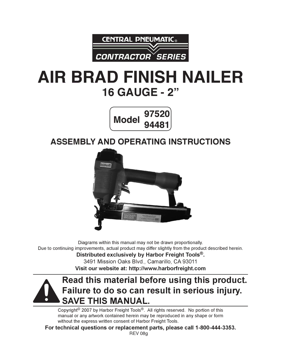 Harbor Freight Tools 97520 operating instructions Distributed exclusively by Harbor Freight Tools 