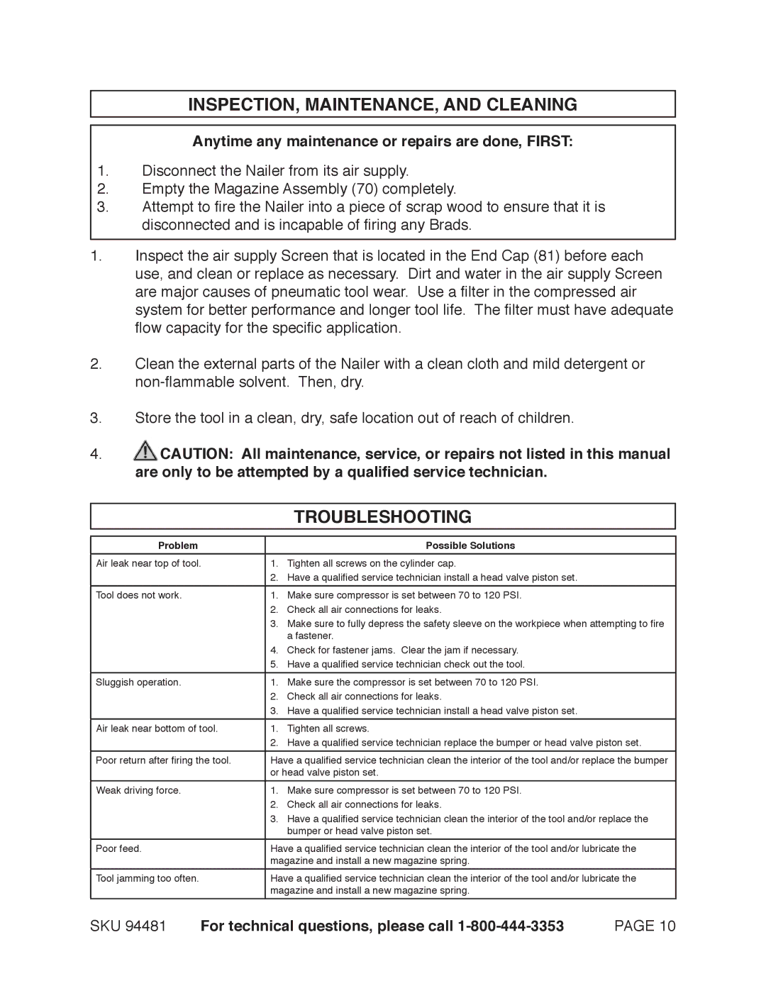 Harbor Freight Tools 97520 operating instructions INSPECTION, MAINTENANCE, and Cleaning, Troubleshooting 