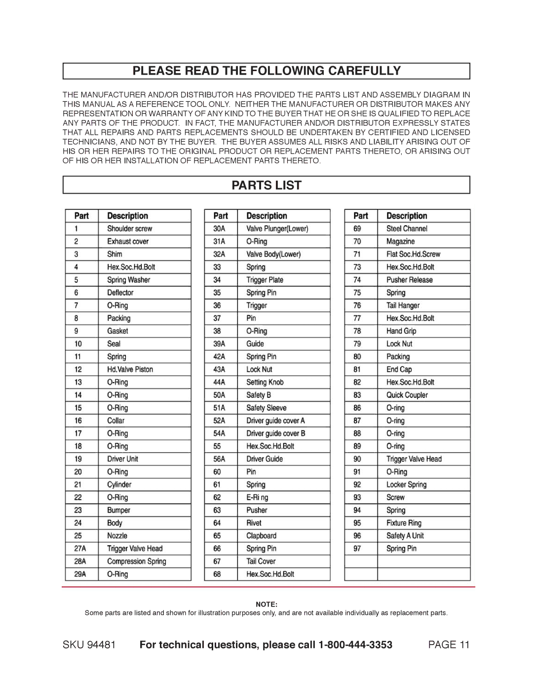 Harbor Freight Tools 97520 operating instructions Please Read the Following Carefully, Parts List 