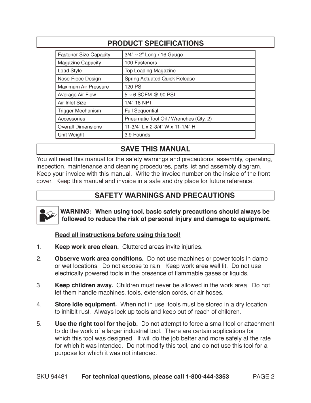 Harbor Freight Tools 97520 operating instructions Product Specifications, Save this Manual, Safety Warnings and Precautions 