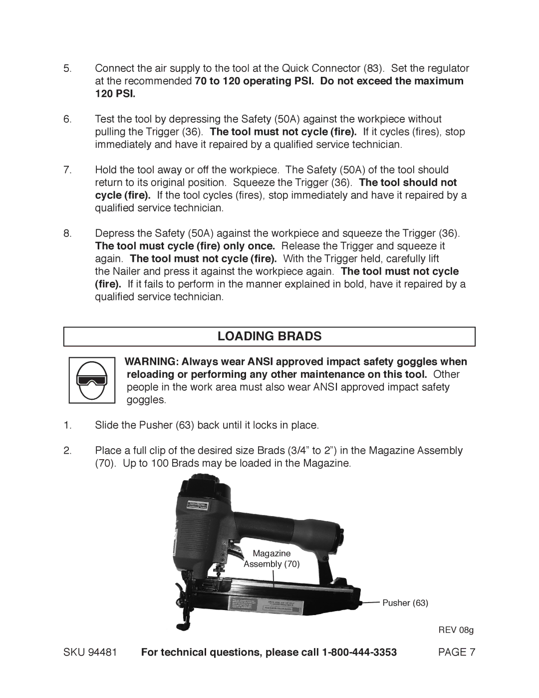 Harbor Freight Tools 97520 operating instructions Loading Brads 