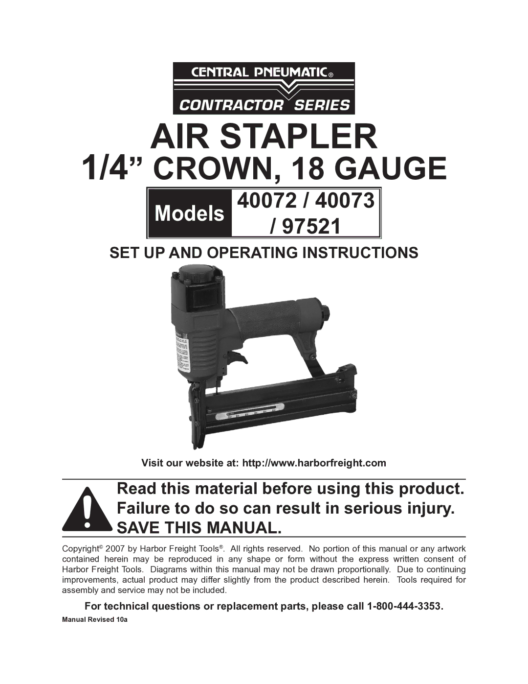 Harbor Freight Tools 40072, 97521, 40073 operating instructions AIR Stapler 