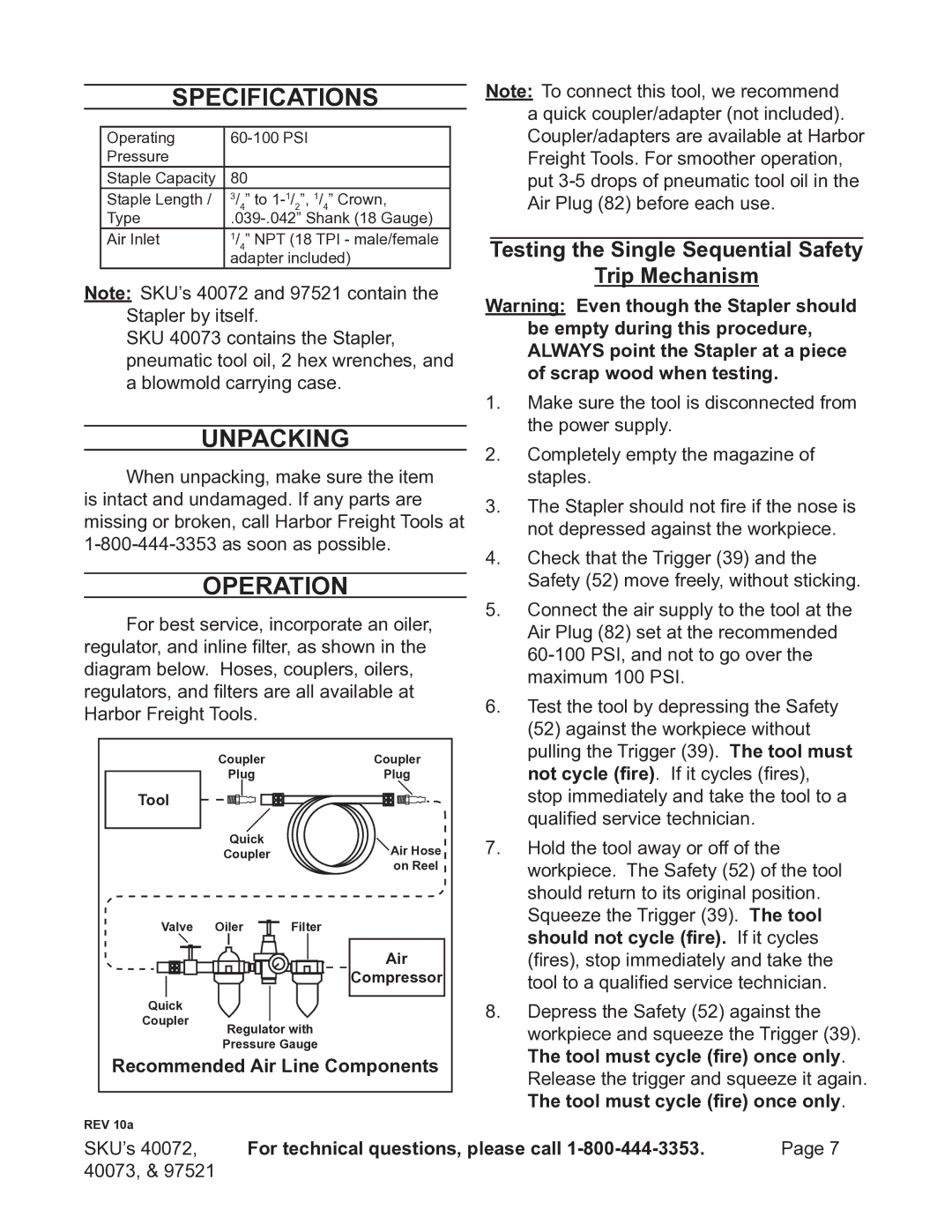 Harbor Freight Tools 40072 Specifications, Unpacking, Operation, Testing the Single Sequential Safety Trip Mechanism 