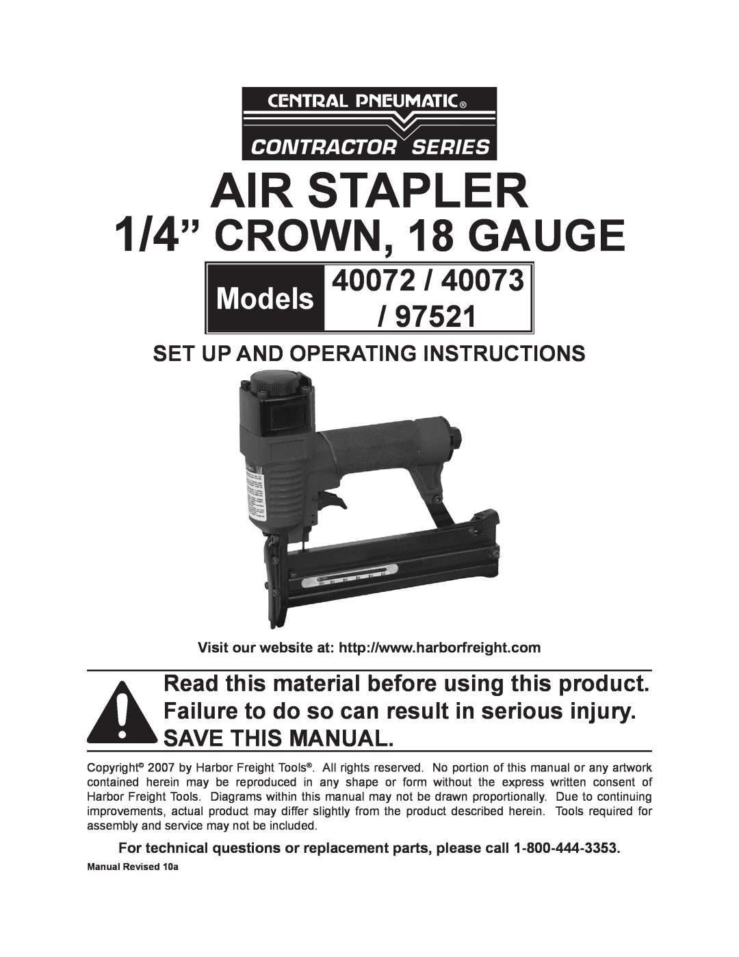 Harbor Freight Tools 40072 operating instructions For technical questions or replacement parts, please call, Air Stapler 