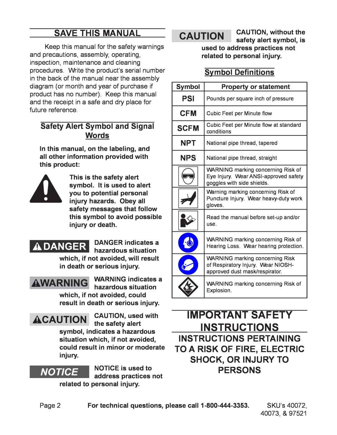 Harbor Freight Tools 40073 Important Safety Instructions, Save This Manual, Safety Alert Symbol and Signal Words, Scfm 