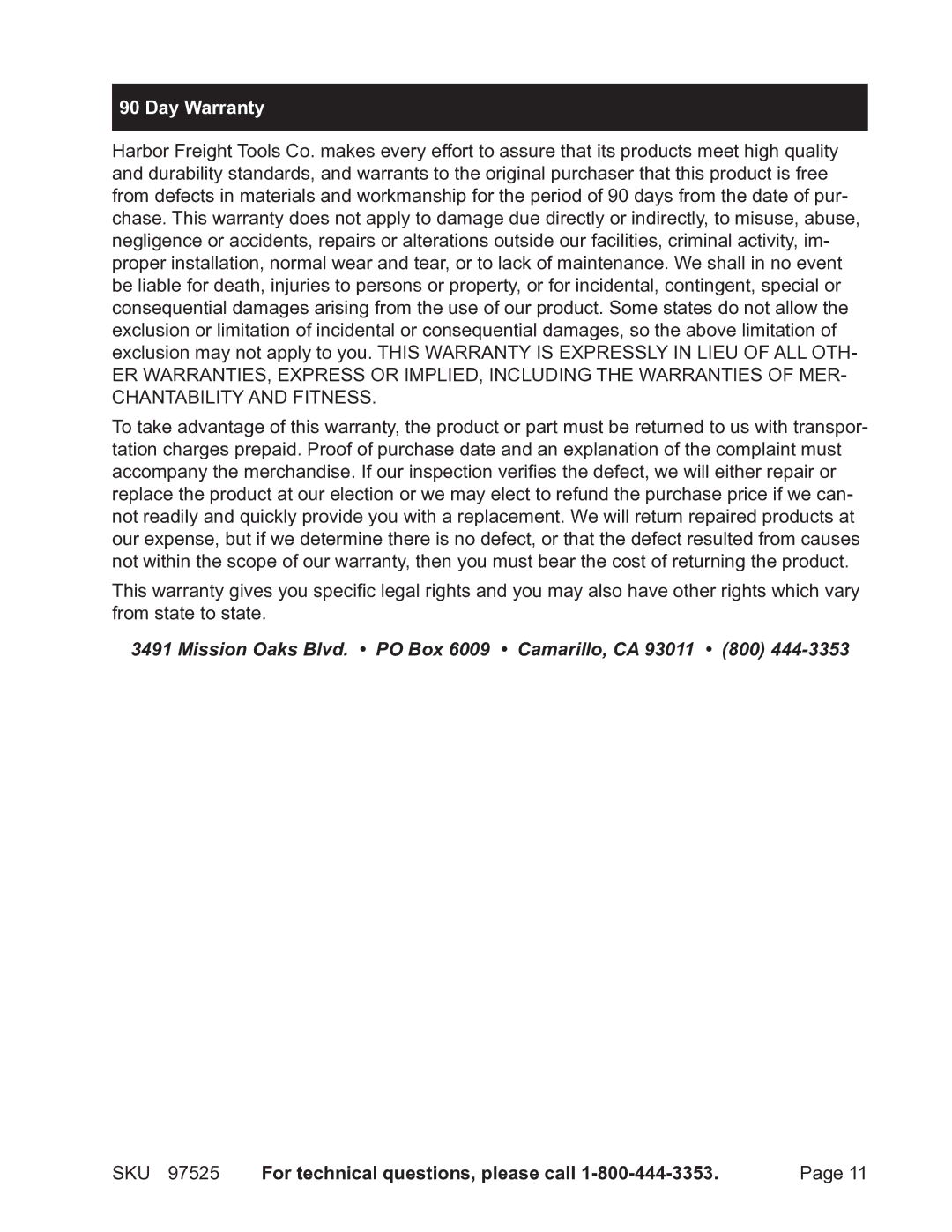 Harbor Freight Tools 97525 operating instructions Day Warranty, SKU For technical questions, please call 