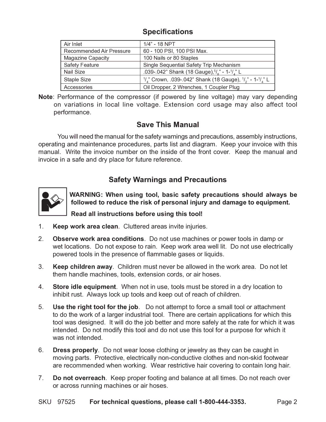 Harbor Freight Tools 97525 operating instructions Specifications, Save This Manual, Safety Warnings and Precautions 