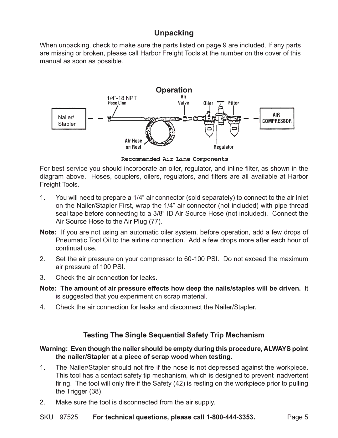 Harbor Freight Tools 97525 operating instructions Unpacking, Operation, Testing The Single Sequential Safety Trip Mechanism 