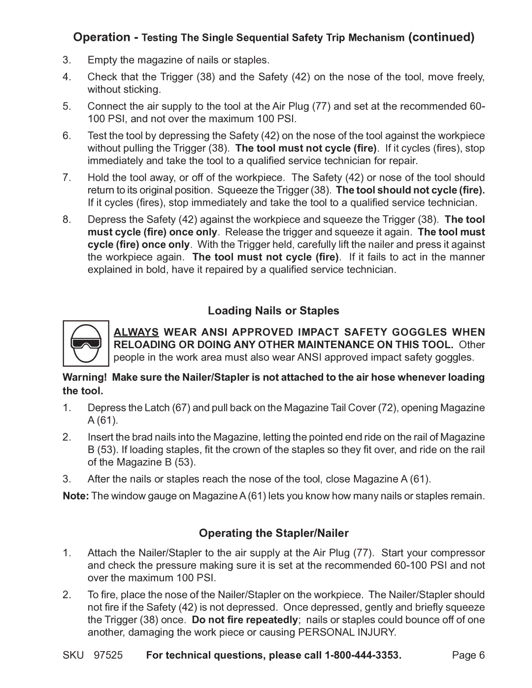 Harbor Freight Tools 97525 operating instructions Loading Nails or Staples, Operating the Stapler/Nailer 