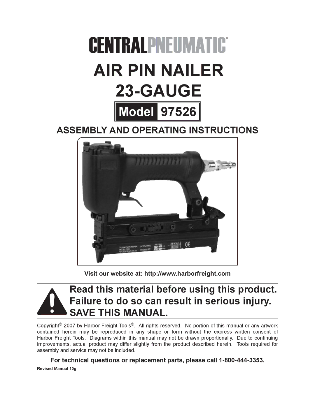 Harbor Freight Tools 97526 operating instructions AIR PIN Nailer Gauge 