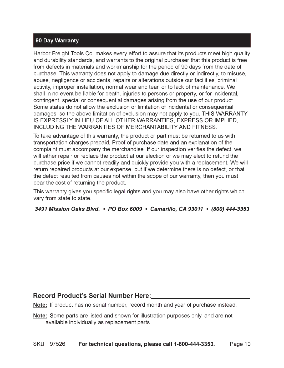 Harbor Freight Tools 97526 operating instructions Record Product’s Serial Number Here 