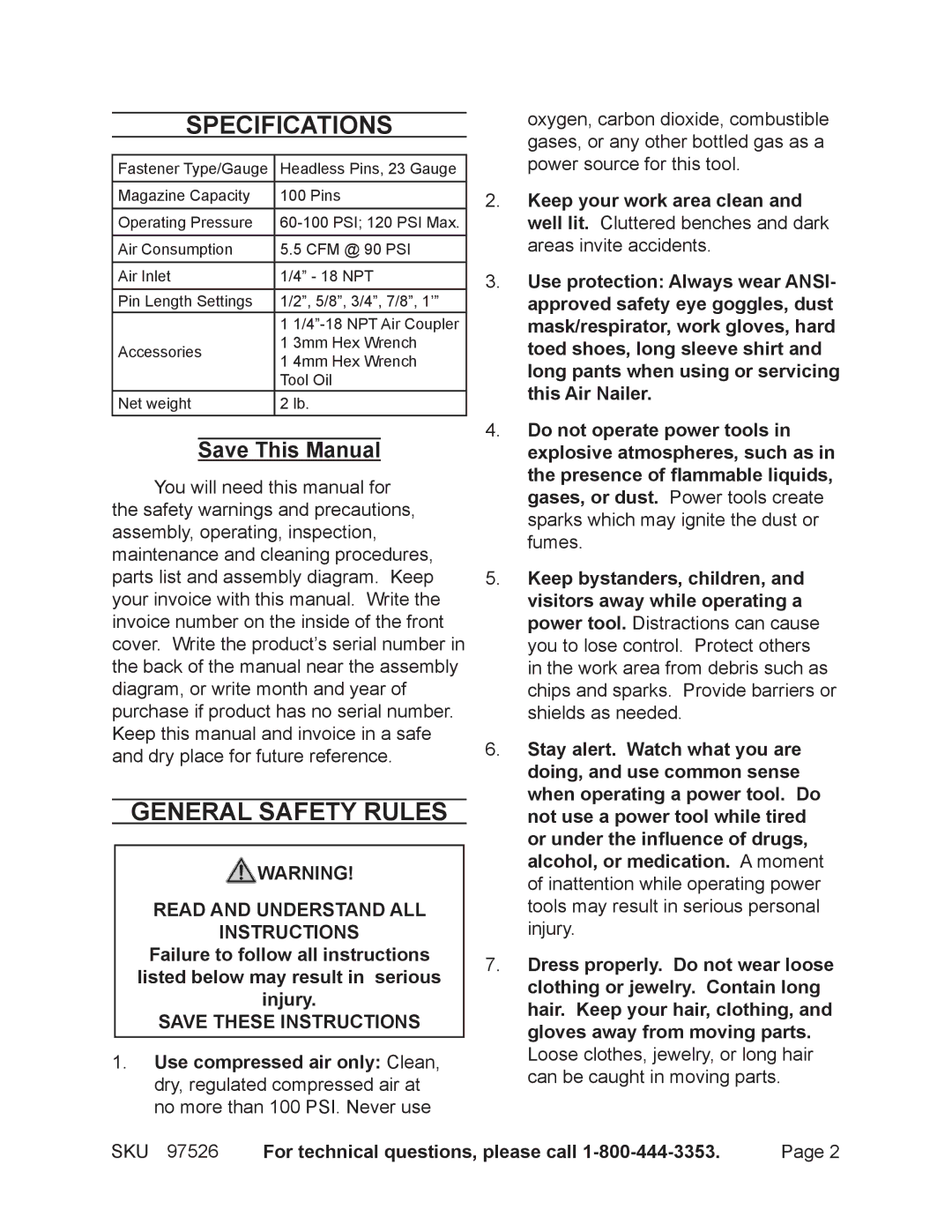 Harbor Freight Tools 97526 Specifications, General Safety Rules, For technical questions, please call 