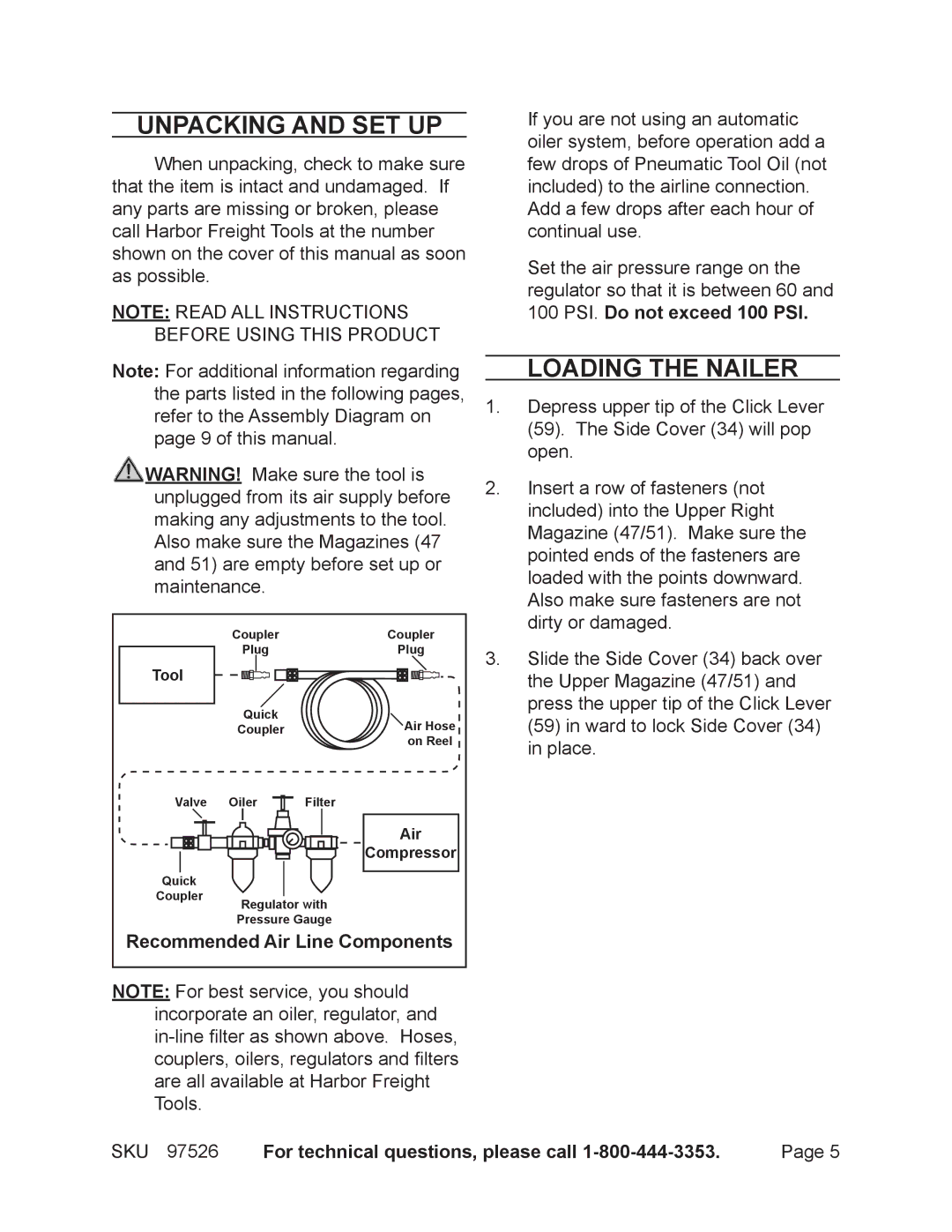 Harbor Freight Tools 97526 operating instructions Unpacking and SET UP, Loading the Nailer, Recommended Air Line Components 