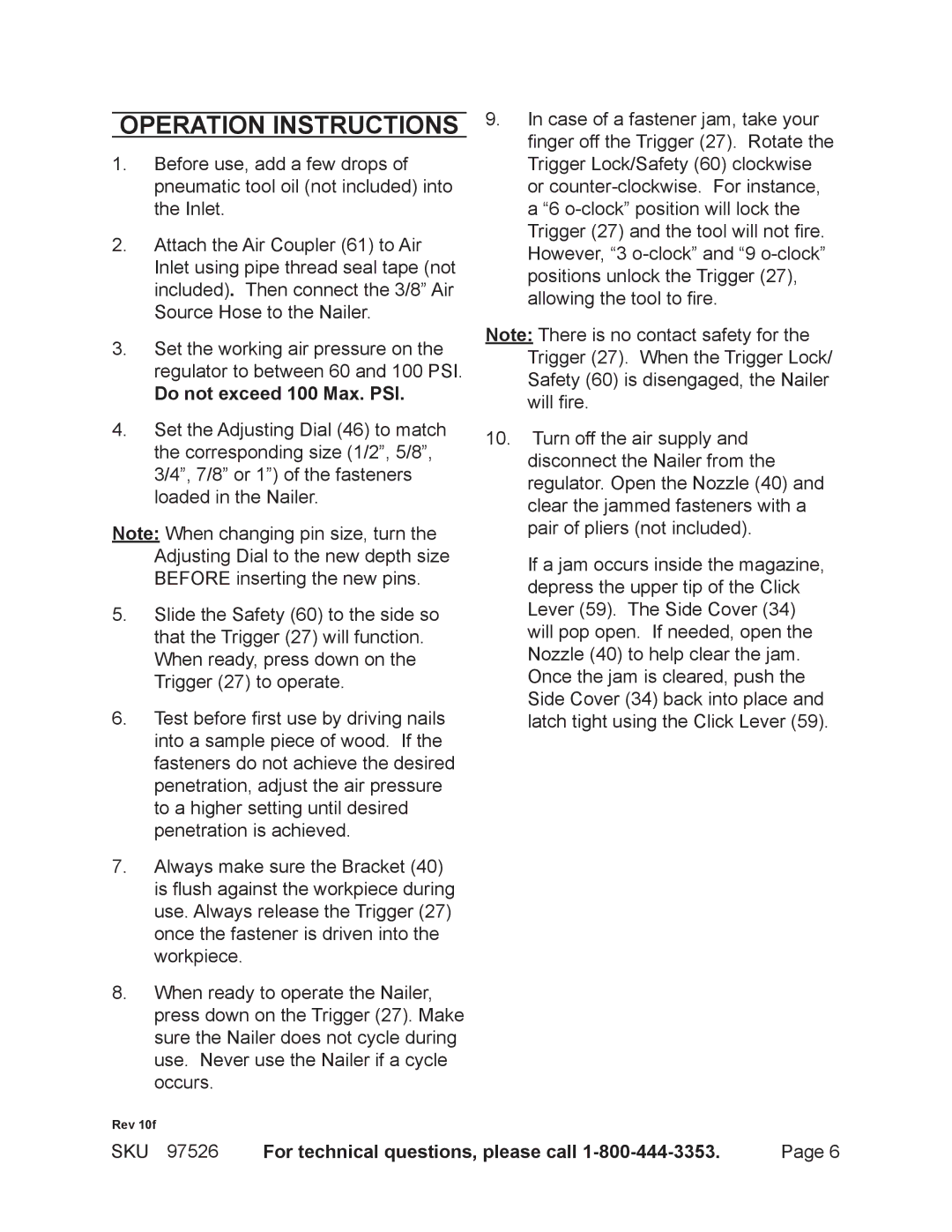 Harbor Freight Tools 97526 operating instructions Operation Instructions, Do not exceed 100 Max. PSI 