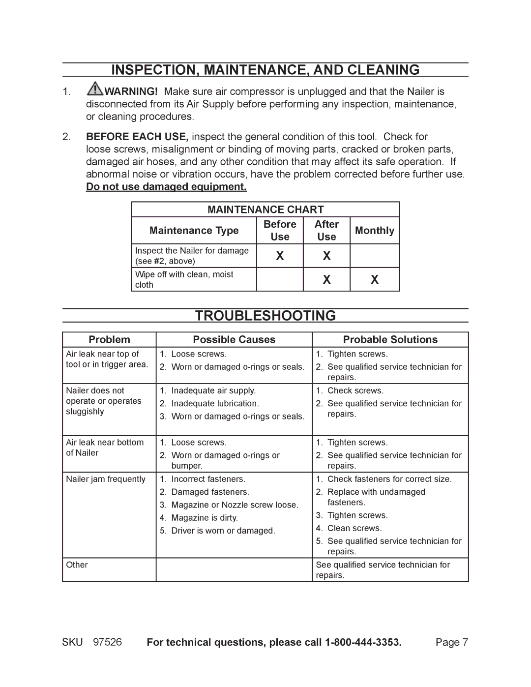 Harbor Freight Tools 97526 operating instructions INSPECTION, MAINTENANCE, and Cleaning, Troubleshooting 