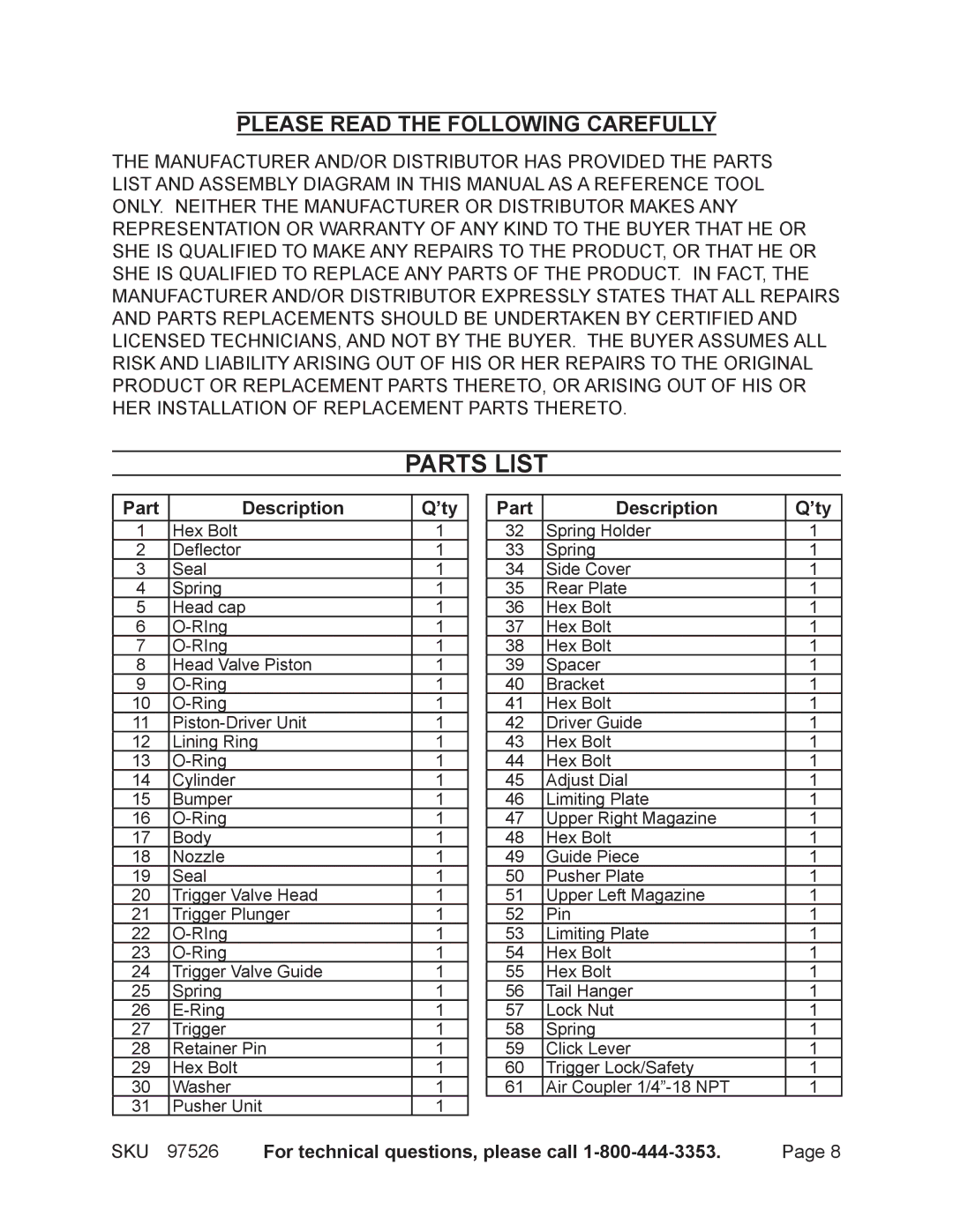 Harbor Freight Tools 97526 operating instructions Parts List, Part Description ’ty 