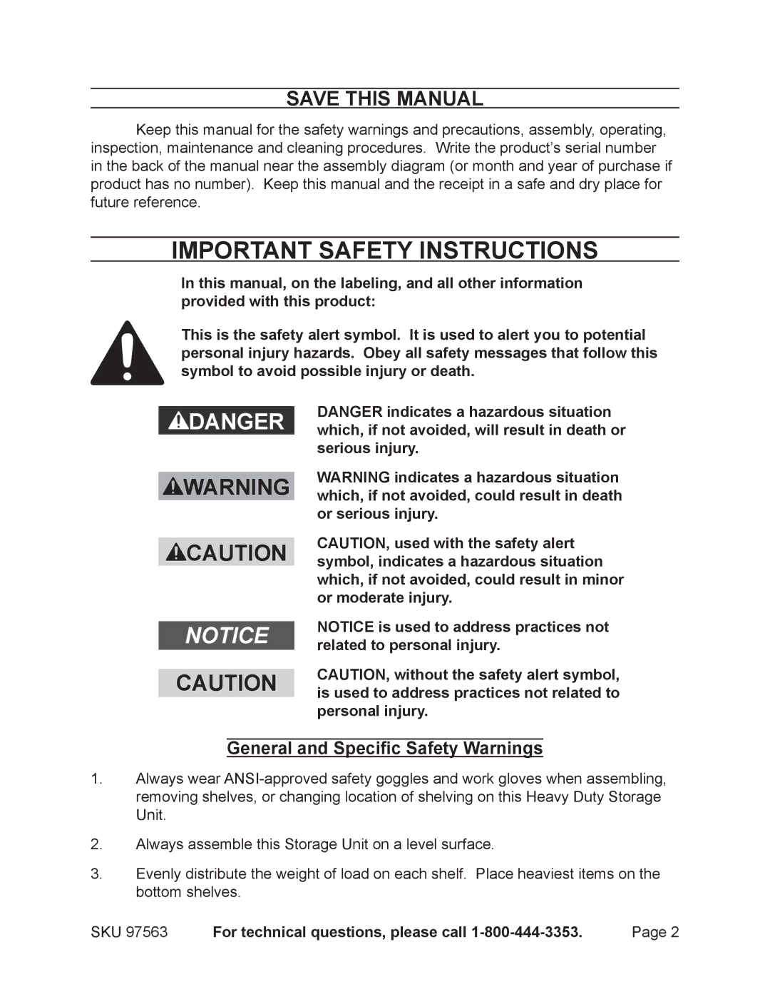 Harbor Freight Tools 97563 Save This Manual, General and Specific Safety Warnings, For technical questions, please call 