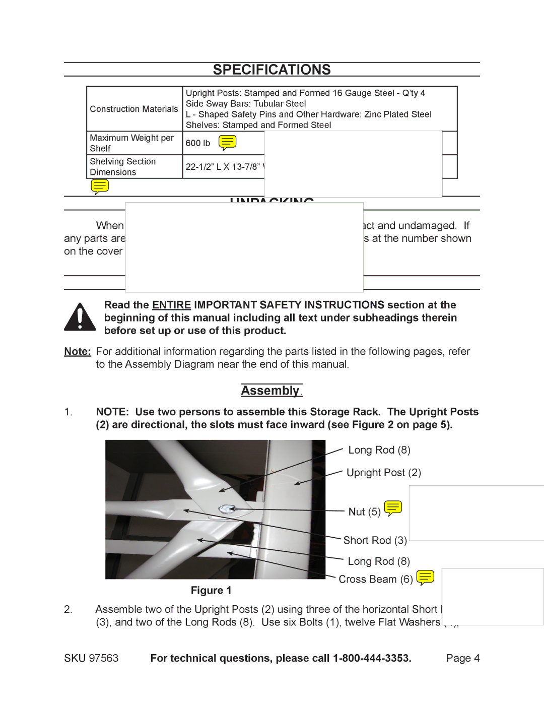 Harbor Freight Tools 97563 manual Specifications, Unpacking, Set Up Instructions, Assembly 