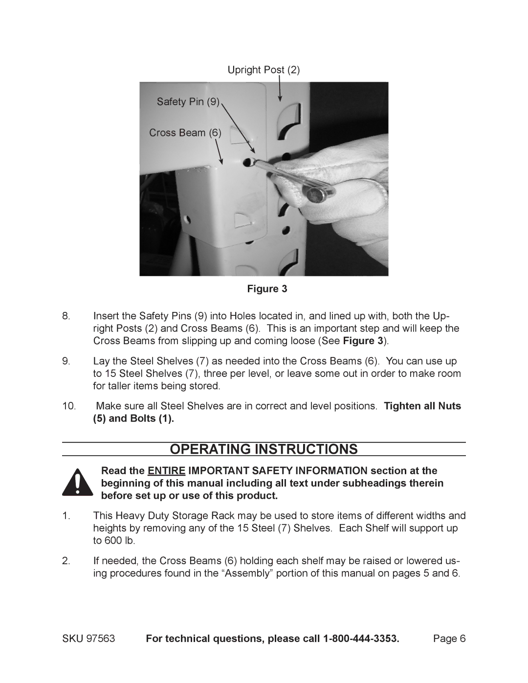 Harbor Freight Tools 97563 manual Operating Instructions, Bolts 