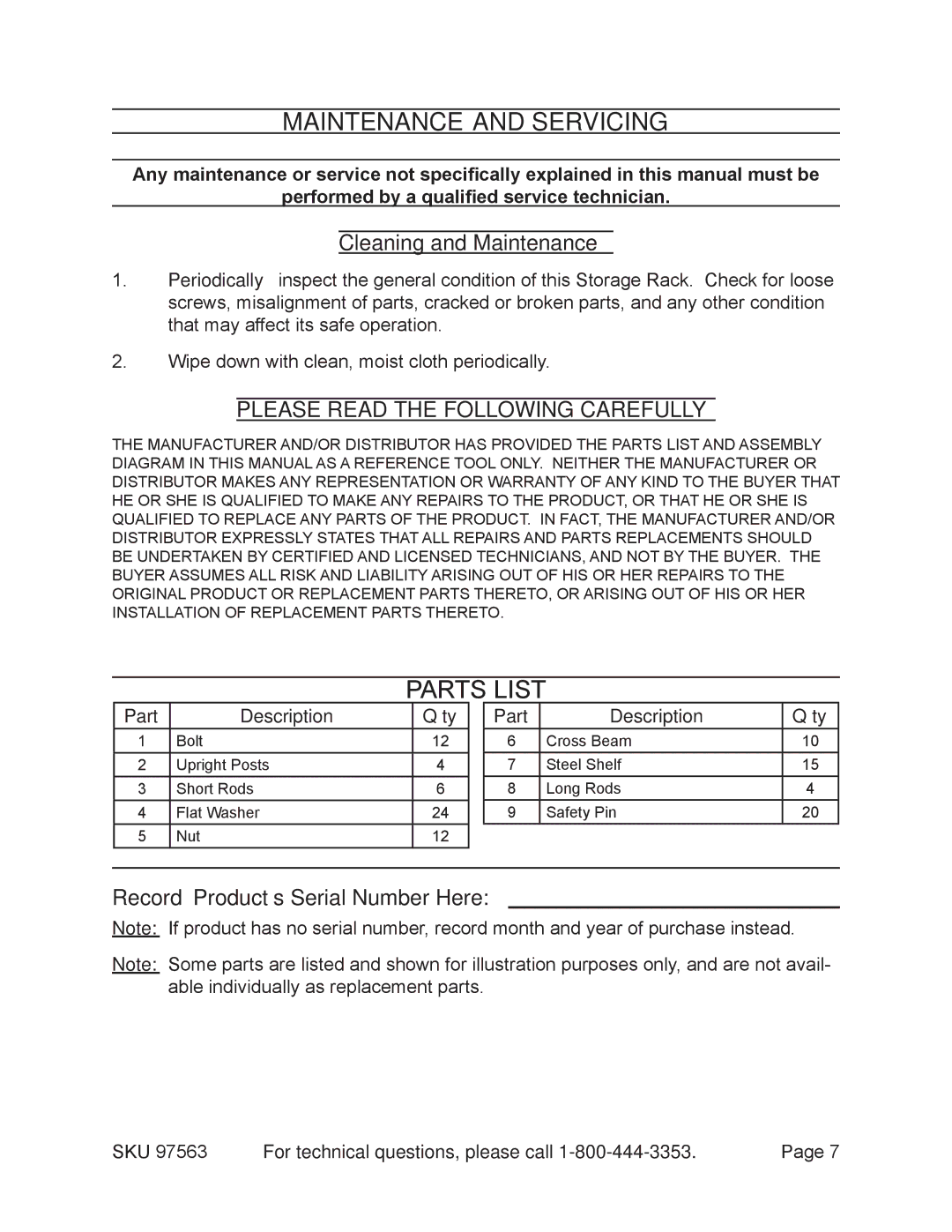 Harbor Freight Tools 97563 manual Maintenance And Servicing, Cleaning and Maintenance, Record Product’s Serial Number Here 