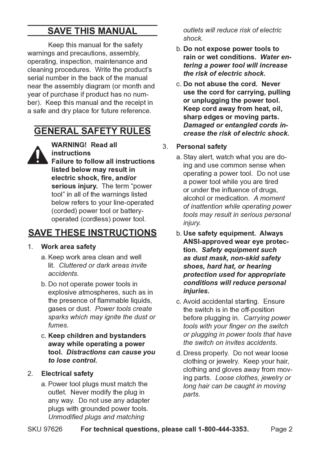 Harbor Freight Tools 97626 operating instructions Save This Manual, General Safety Rules, Work area safety 