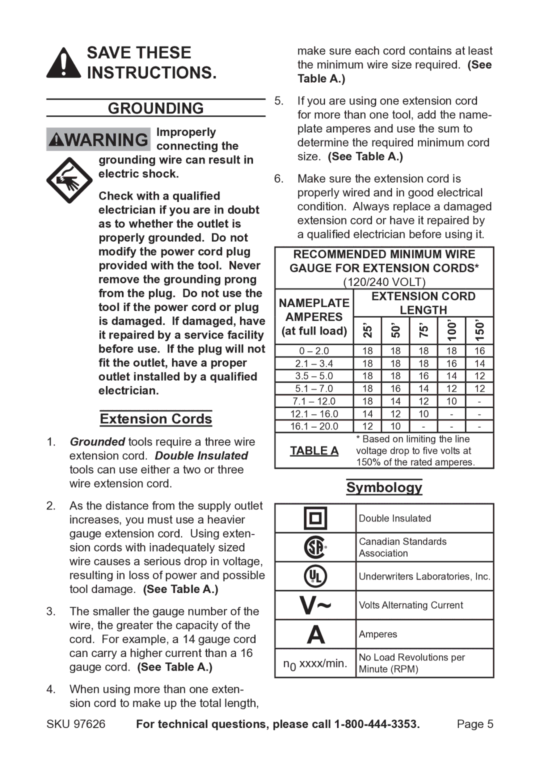 Harbor Freight Tools 97626 operating instructions Grounding, Extension Cords, Symbology 