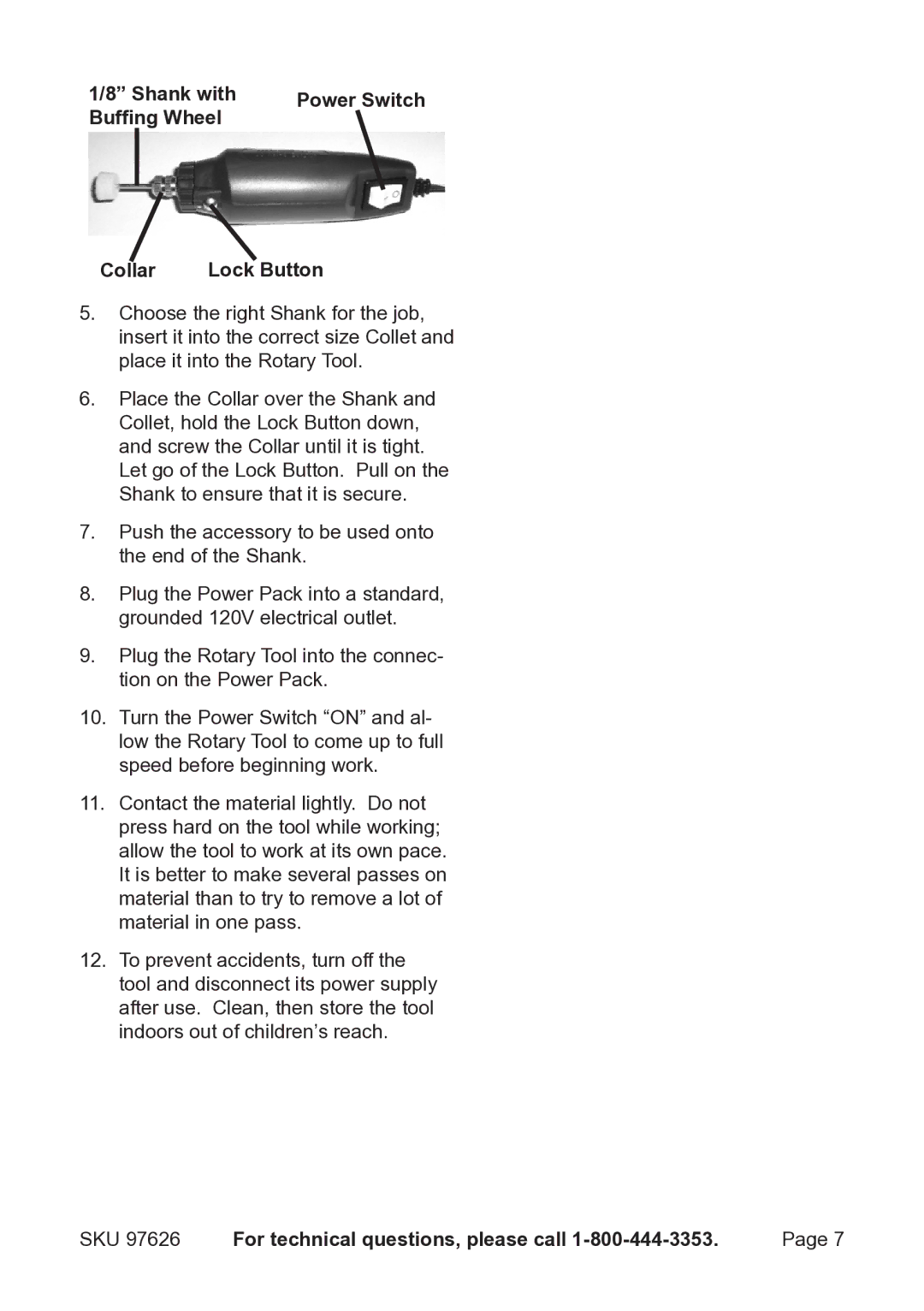 Harbor Freight Tools 97626 operating instructions Shank with, Buffing Wheel Collar Lock Button 