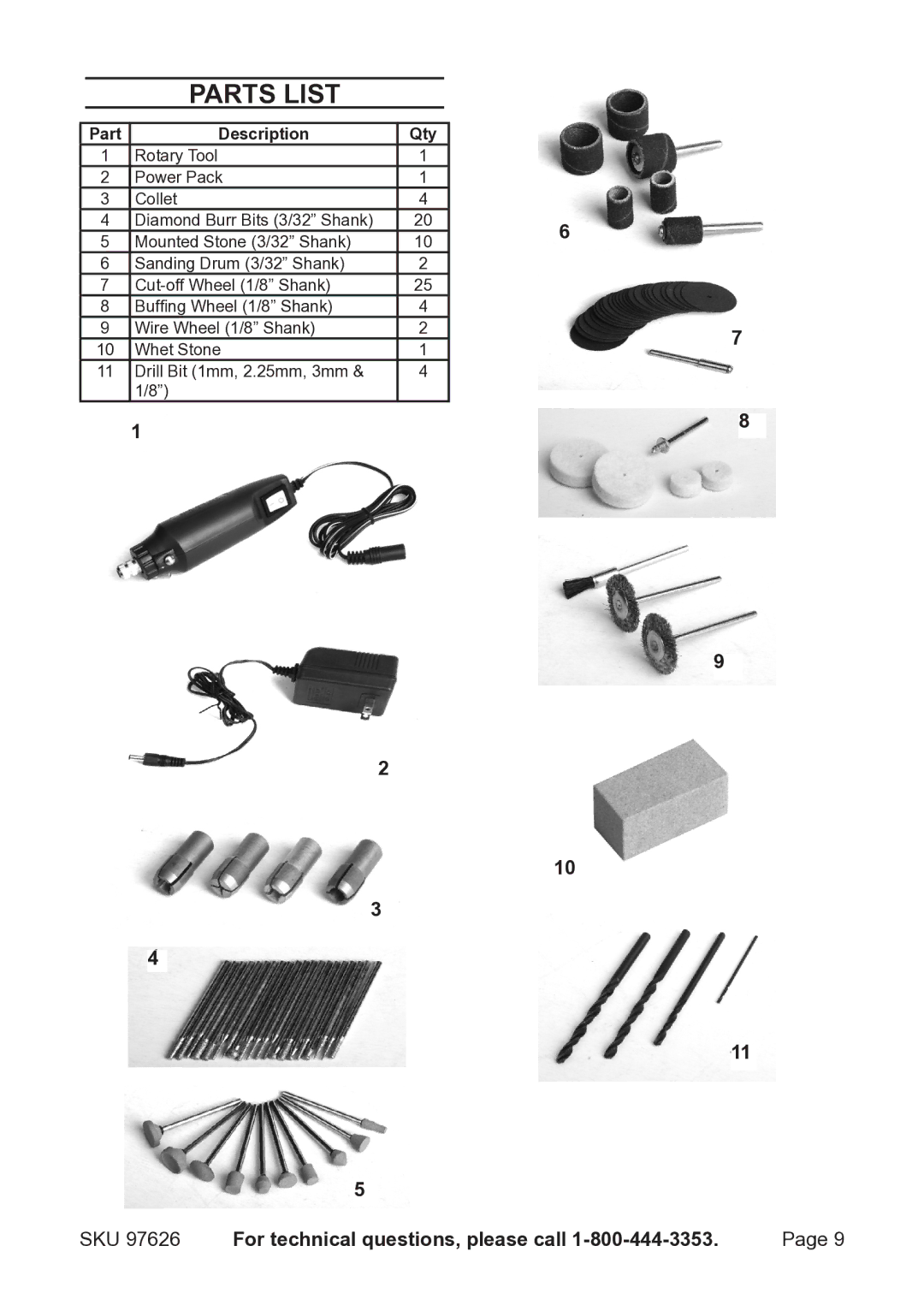 Harbor Freight Tools 97626 operating instructions Parts List, Part Description Qty 