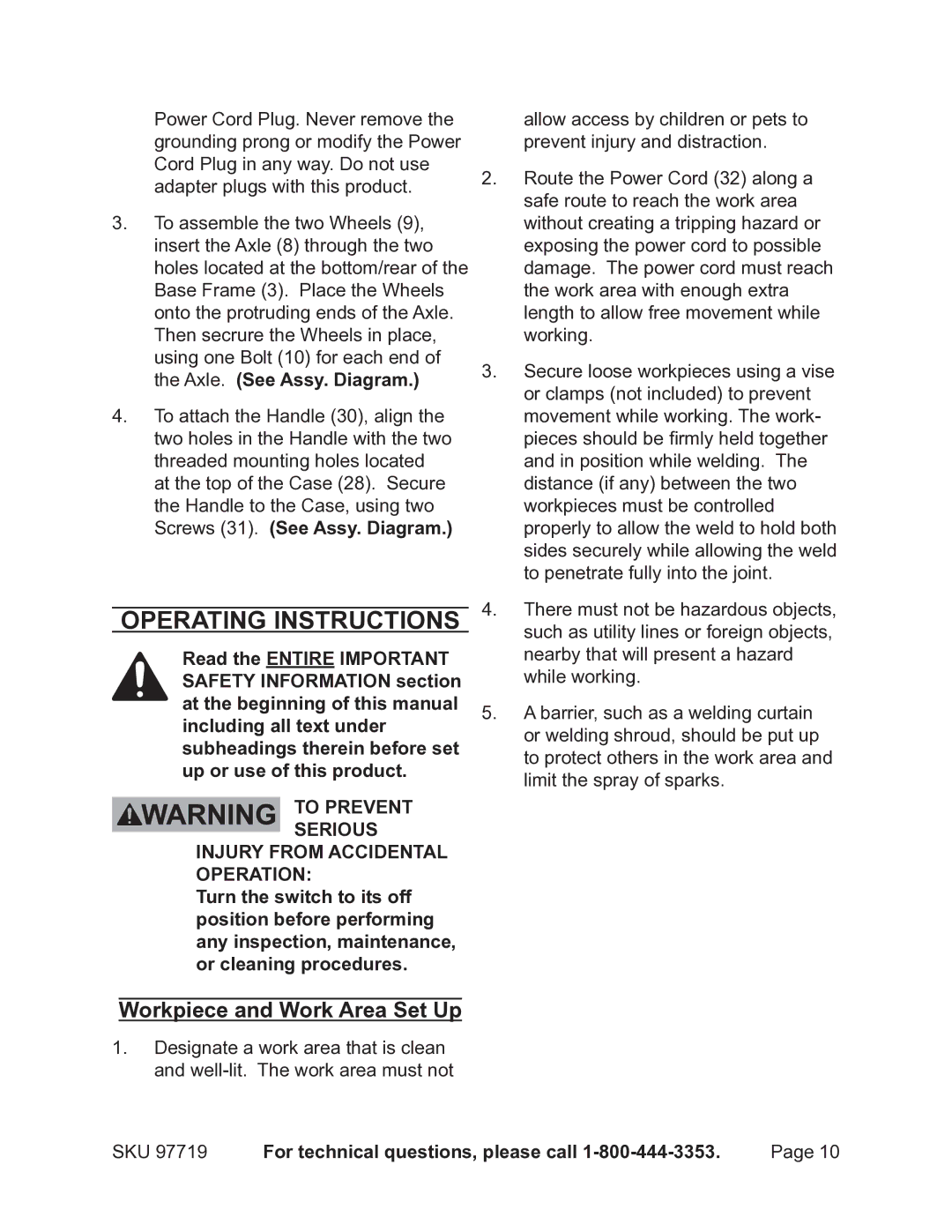 Harbor Freight Tools 97719 operating instructions Operating Instructions, Workpiece and Work Area Set Up 