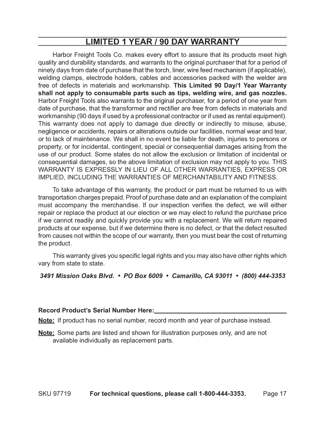 Harbor Freight Tools 97719 operating instructions Limited 1 Year / 90 day warranty, Record Product’s Serial Number Here 
