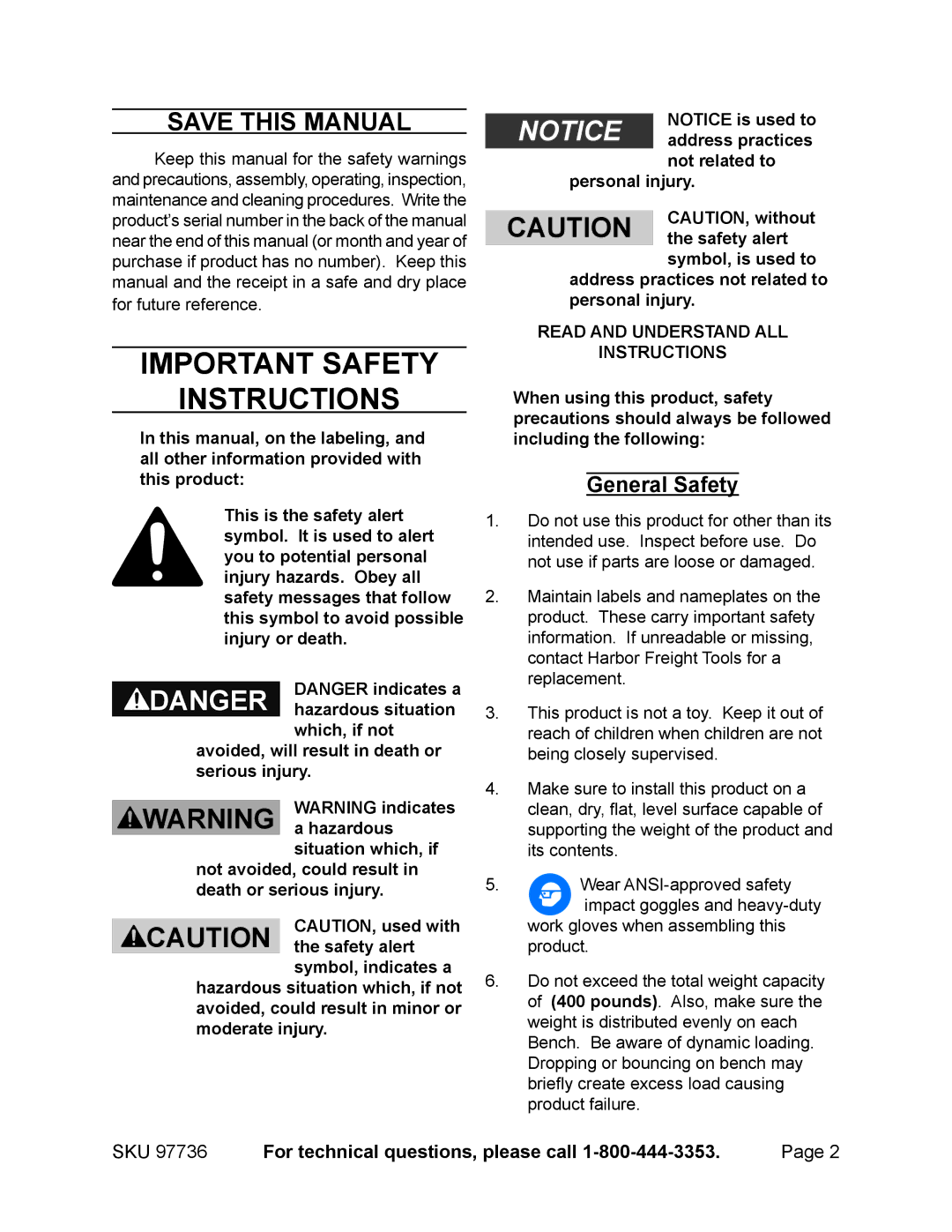 Harbor Freight Tools 97736 manual Important Safety Instructions, Save This Manual 