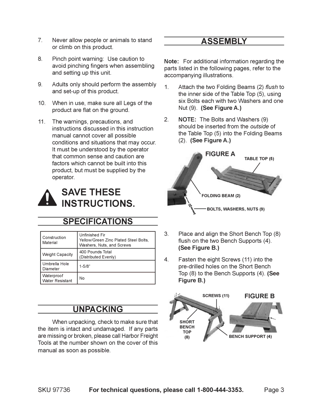 Harbor Freight Tools 97736 manual Specifications, Unpacking, Assembly, See Figure a, See Figure B 