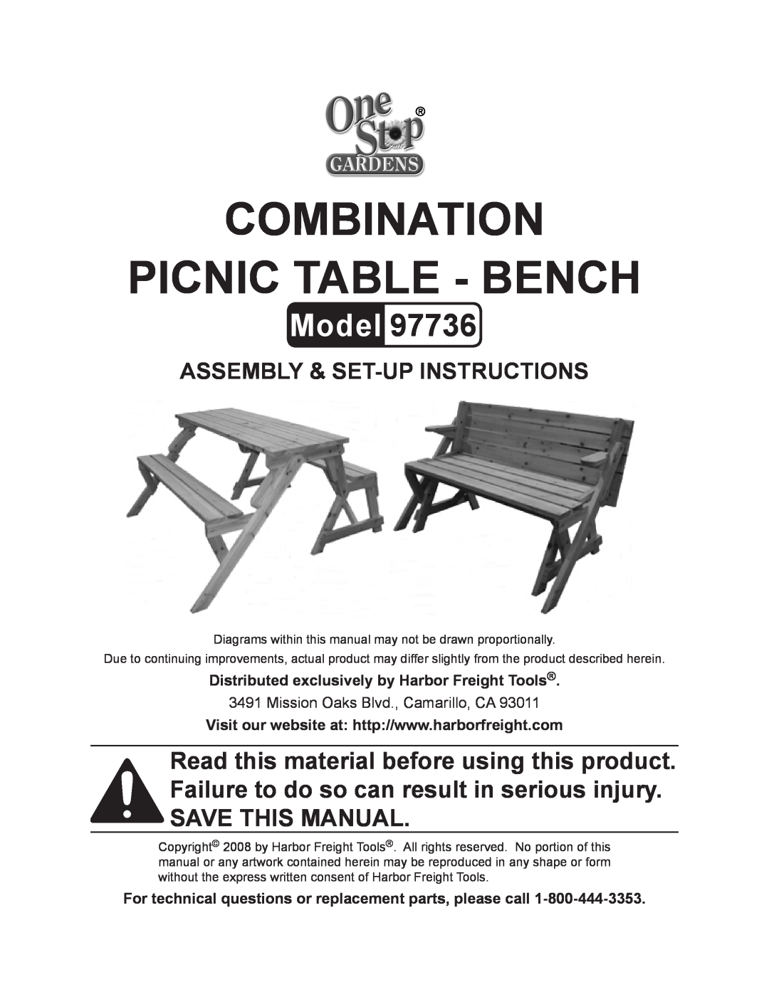 Harbor Freight Tools 97736 manual Assembly & SET-UP Instructions, Distributed exclusively by Harbor Freight Tools, Model 